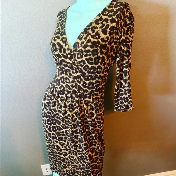 NWOT Chaus Leopard animal print Faux Wrap Dress small petite stretch midi